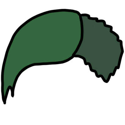 a straight undercut with longer green hair on the left and a dark green buzzcut on the right.